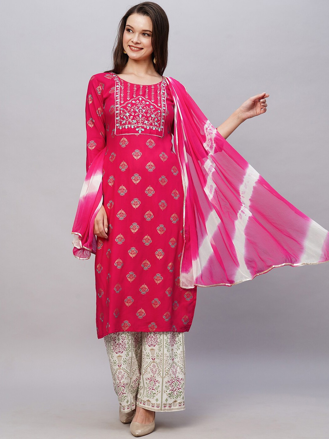 

KALINI Floral Printed Regular Thread Work Kurta With Palazzos & Dupatta, Pink