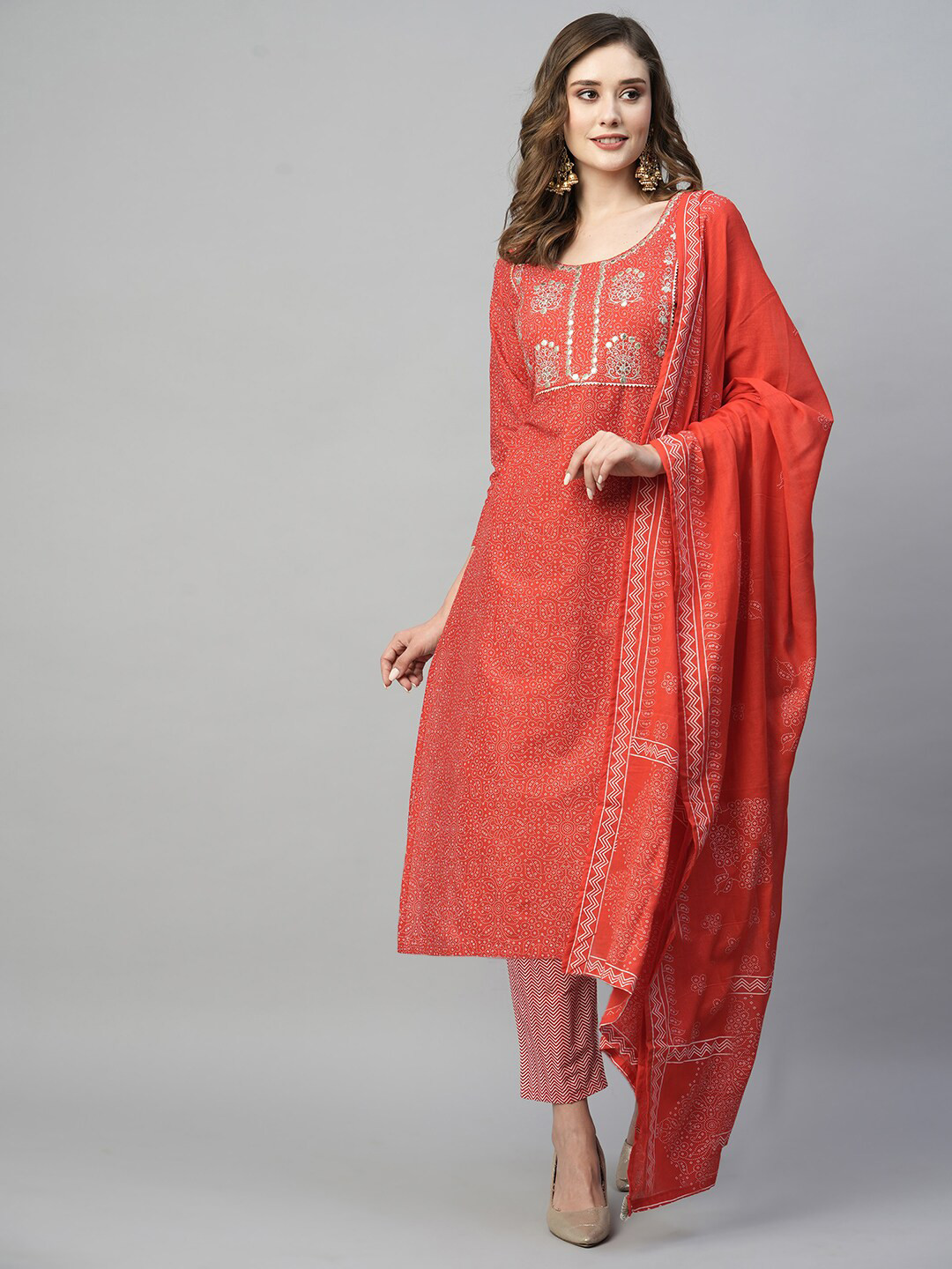 

KALINI Ethnic Motifs Printed Thread Work Cotton Straight Kurta & Trousers With Dupatta, Orange