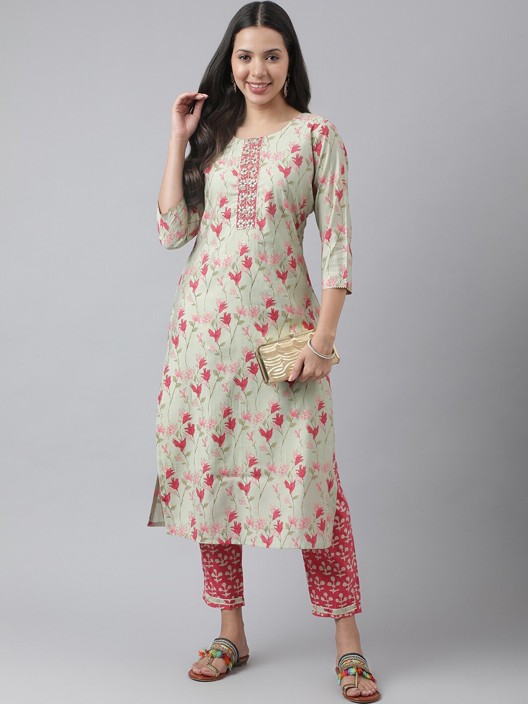 

KALINI Floral Printed Thread Work Detail Pure Cotton Straight Kurta with Trousers, Green