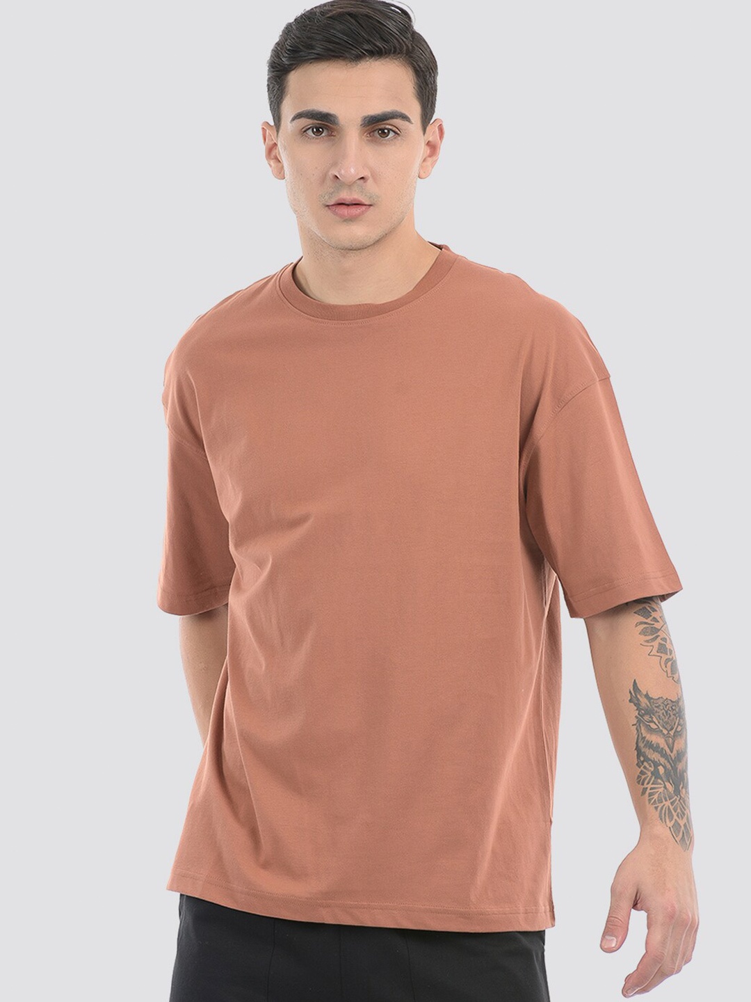 

ONEWAY Unisex Solid Cotton Oversized T-Shirt, Brown