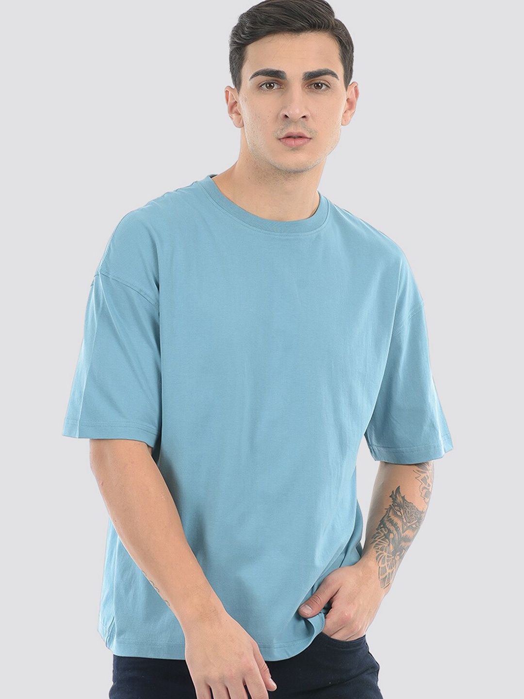 

ONEWAY Unisex Extended Sleeves Raw Edge Cotton Oversized T-Shirt, Blue
