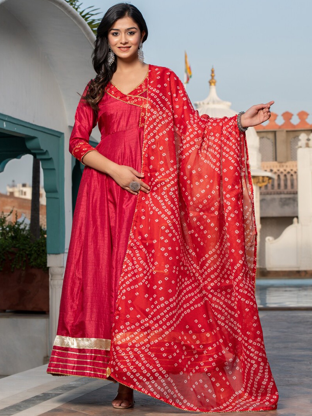 

Indi INSIDE Gotta Patti Anarkali Kurta With Trousers & Dupatta, Red