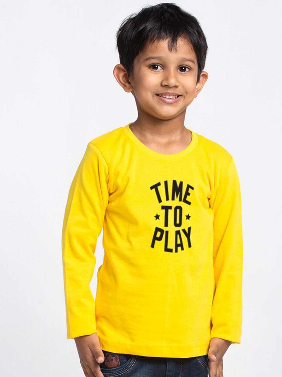 

Friskers Boys Yellow Typography Printed Applique T-shirt