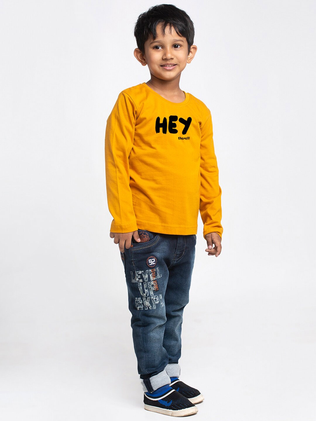 Friskers Boys Mustard Yellow Typography Printed Applique T-shirt