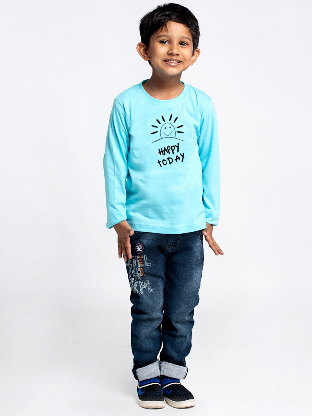 

Friskers Boys Turquoise Blue Typography Printed Applique T-shirt