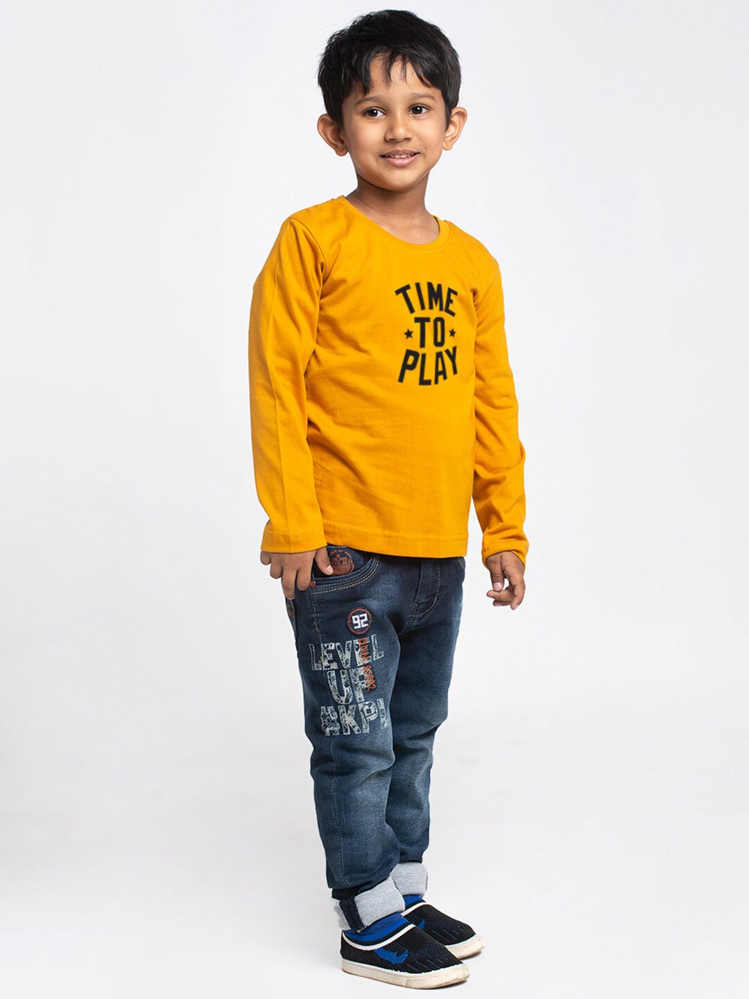 

Friskers Boys Mustard Yellow Typography Printed Pockets T-shirt