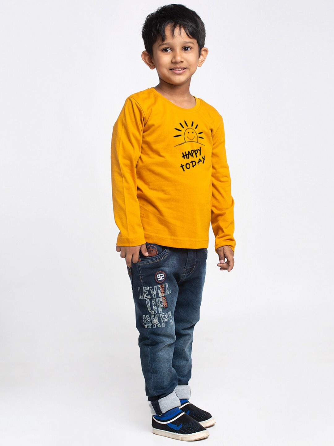 Friskers Boys Mustard Yellow Typography Printed Pockets T-shirt