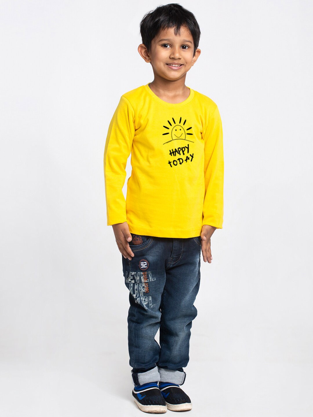 Friskers Boys Yellow Typography Printed Applique T-shirt