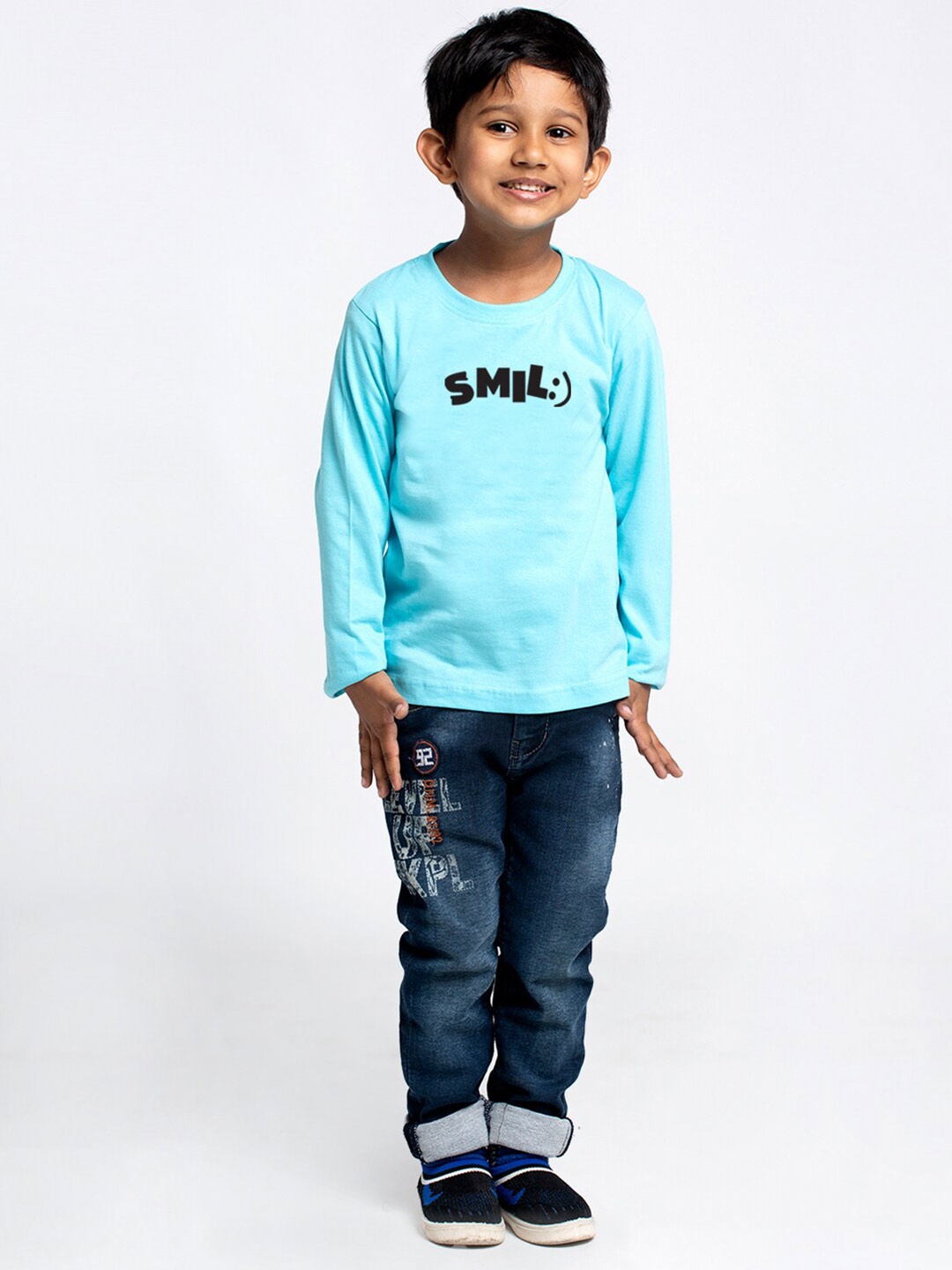 

Friskers Boys Turquoise Blue Typography Printed Applique T-shirt