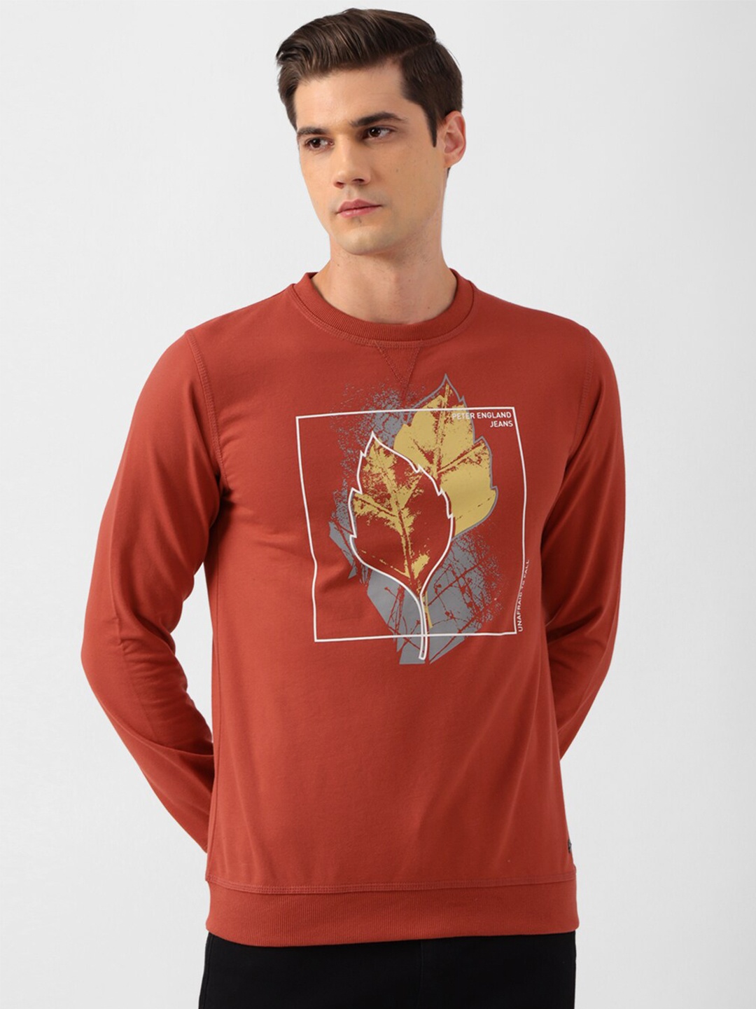 

Peter England Casuals Men Orange Printed Sweatshirt