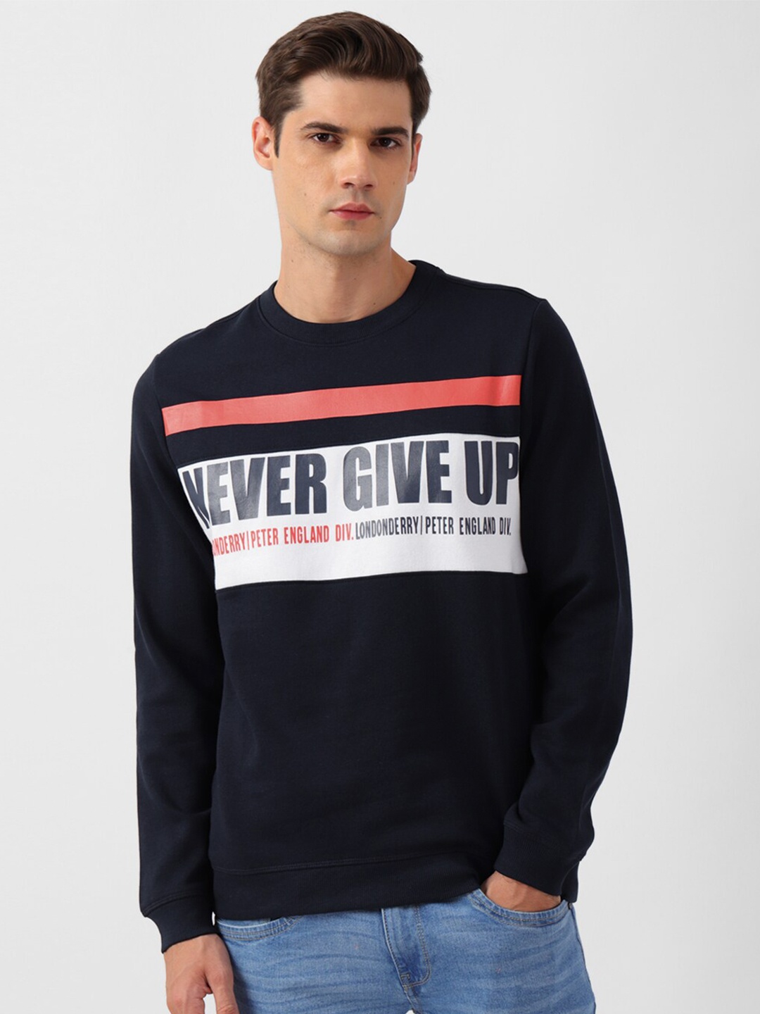 

Peter England Casuals Men Navy Blue Printed Sweatshirt