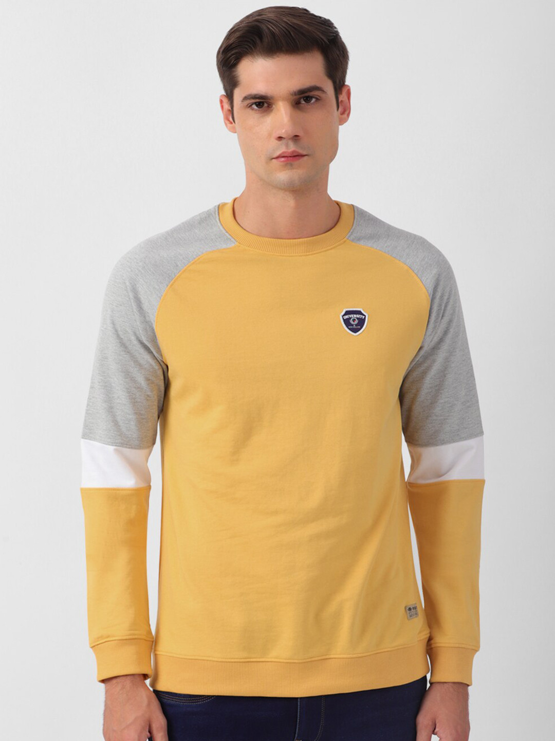 

PETER ENGLAND UNIVERSITY Men Yellow Colourblocked Sweatshirt