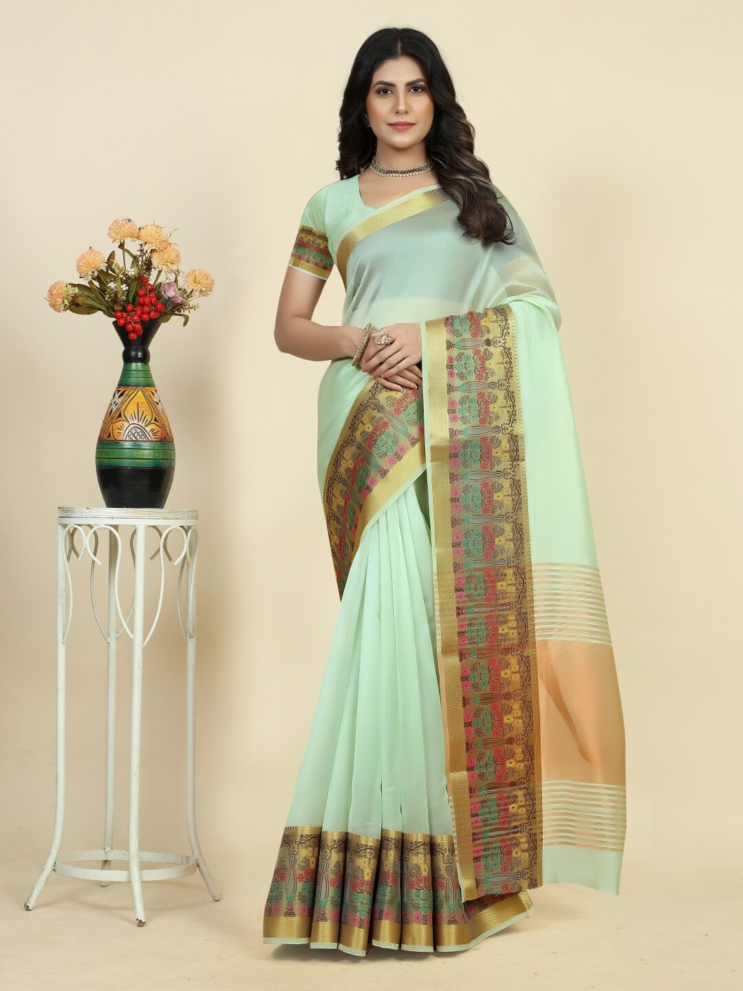 

Paramparik Textile Zari Organza Kanjeevaram Saree, Sea green