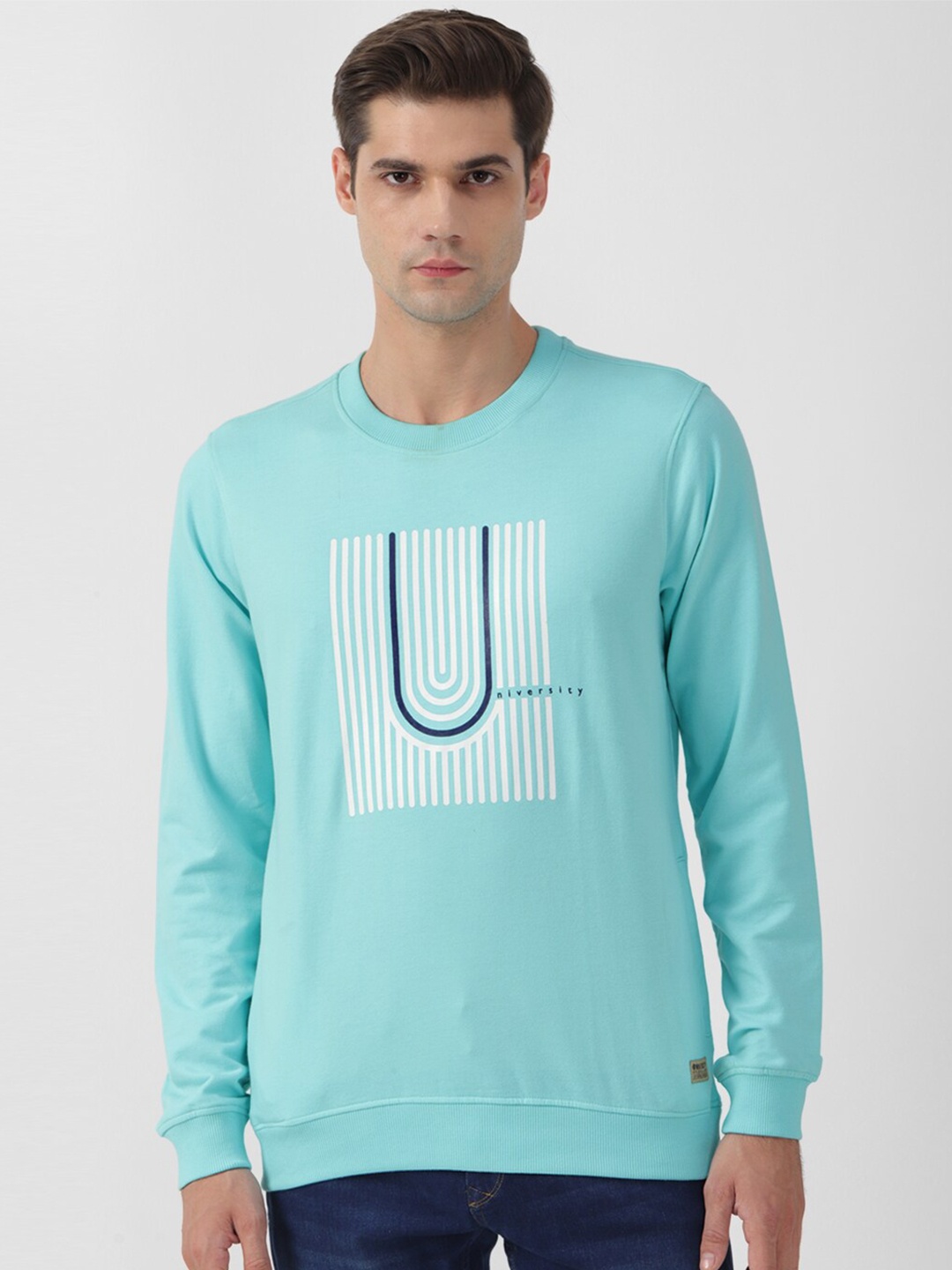 

PETER ENGLAND UNIVERSITY Men Blue Printed Sweatshirt