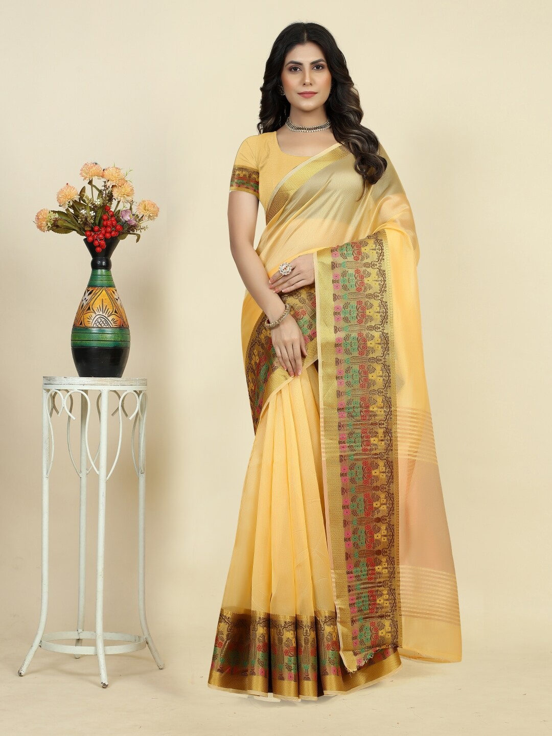 

Paramparik Textile Zari Organza Kanjeevaram Saree, Yellow