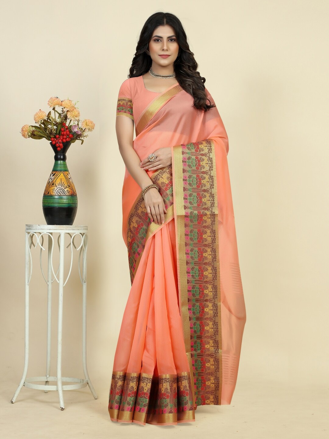 

Paramparik Textile Zari Organza Kanjeevaram Saree, Orange