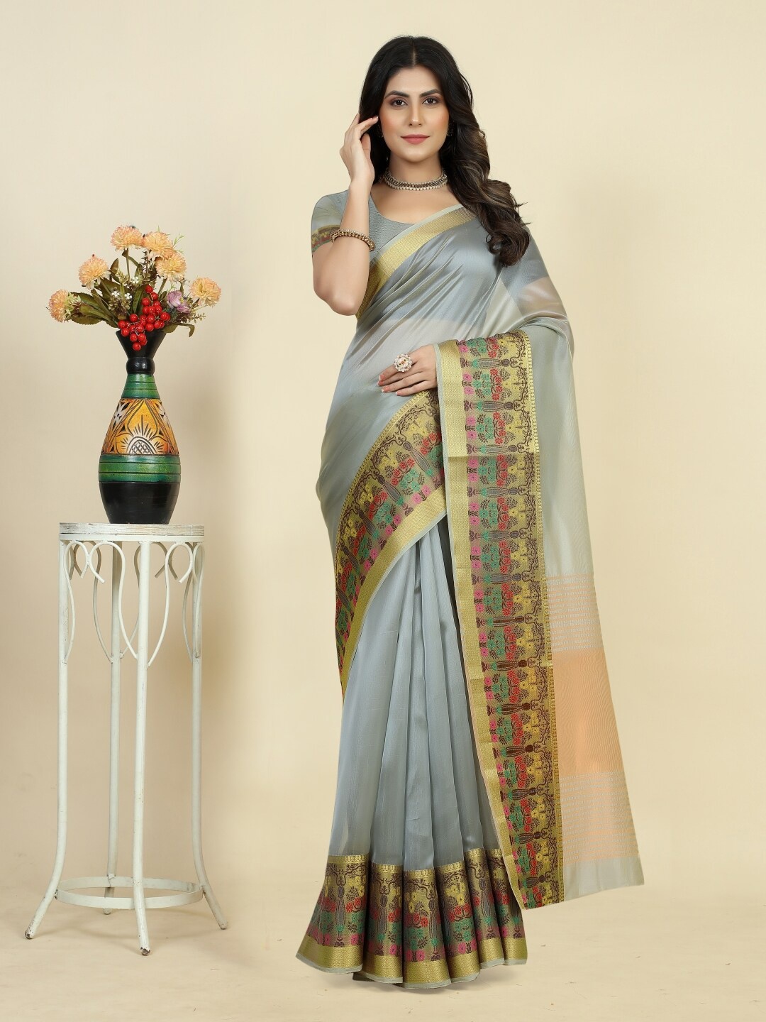 

Paramparik Textile Zari Organza Kanjeevaram Saree, Gold