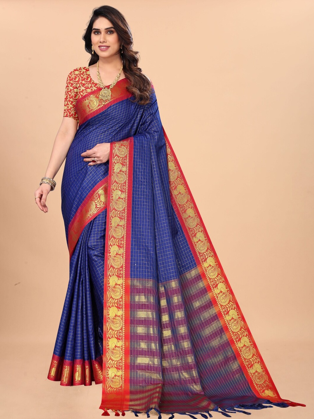 

Paramparik Textile Checked Woven Design Zari Sungudi Saree, Blue