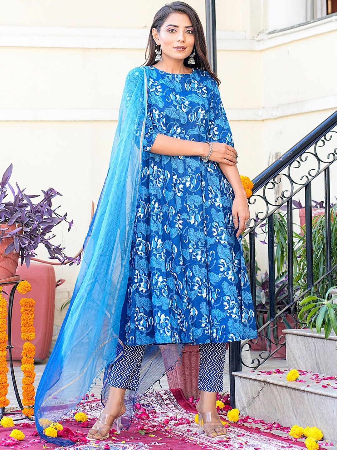 

GULAB CHAND TRENDS Floral Printed Anarkali Pure Cotton Kurta With Trouser & Dupatta, Blue