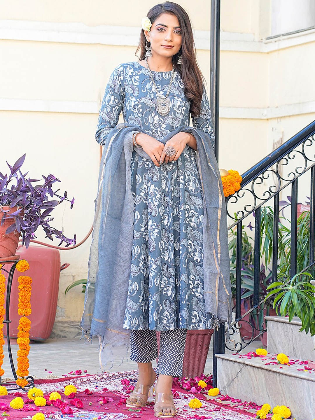 

GULAB CHAND TRENDS Floral Printed Anarkali Pure Cotton Kurta With Trousers & Dupatta, Grey