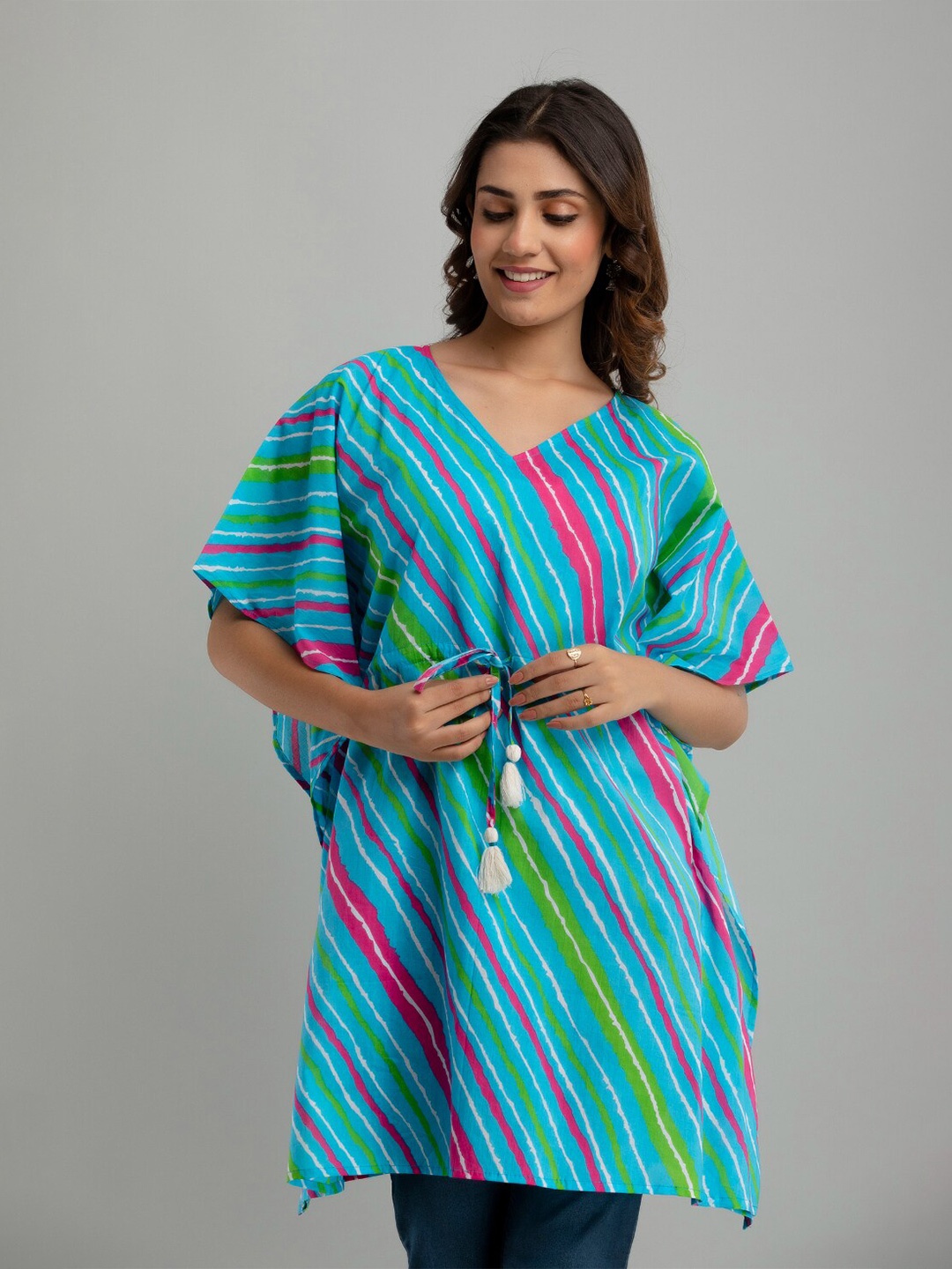 

FrionKandy Multicoloured Striped Flared Sleeve Cotton Empire Longline Top, Multi