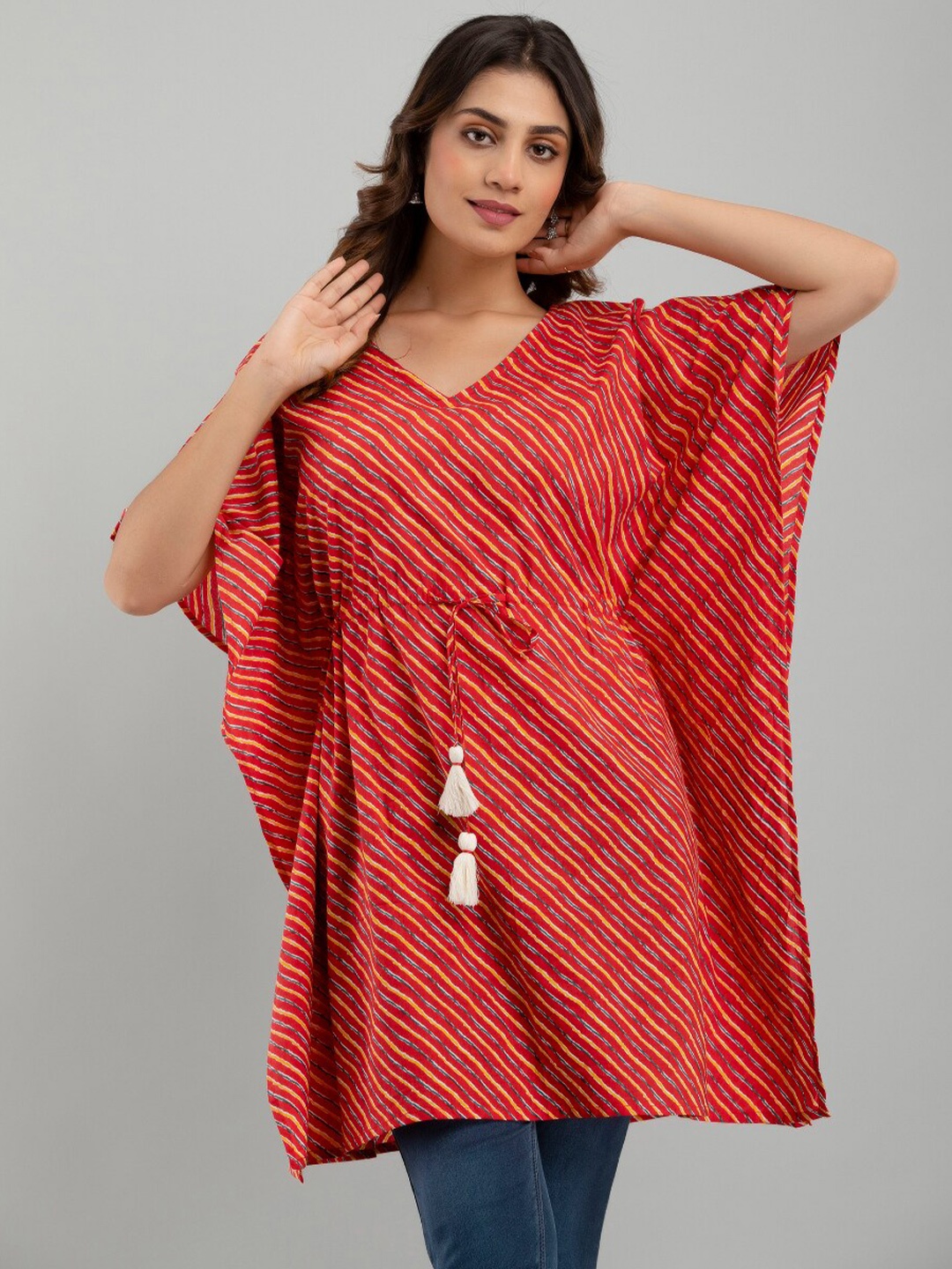 

FrionKandy Red Geometric Striped Extended Sleeves Cotton Kaftan Longline Top