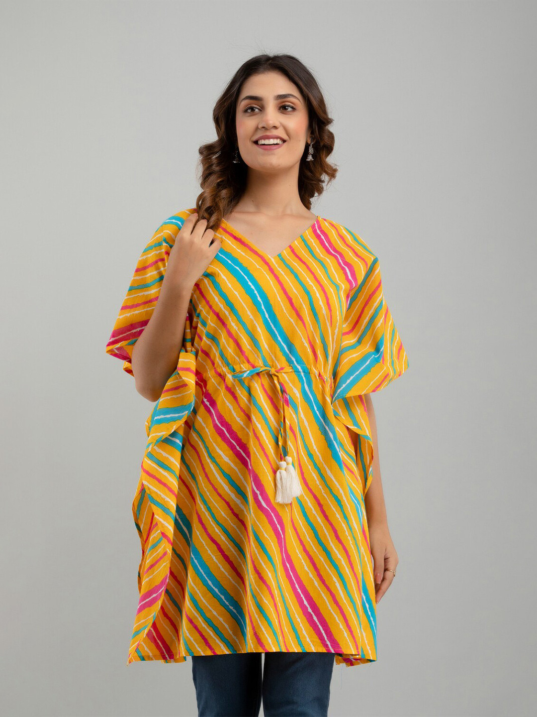 

FrionKandy Multicoloured Striped Flared Sleeve Cotton Kaftan Longline Top, Multi