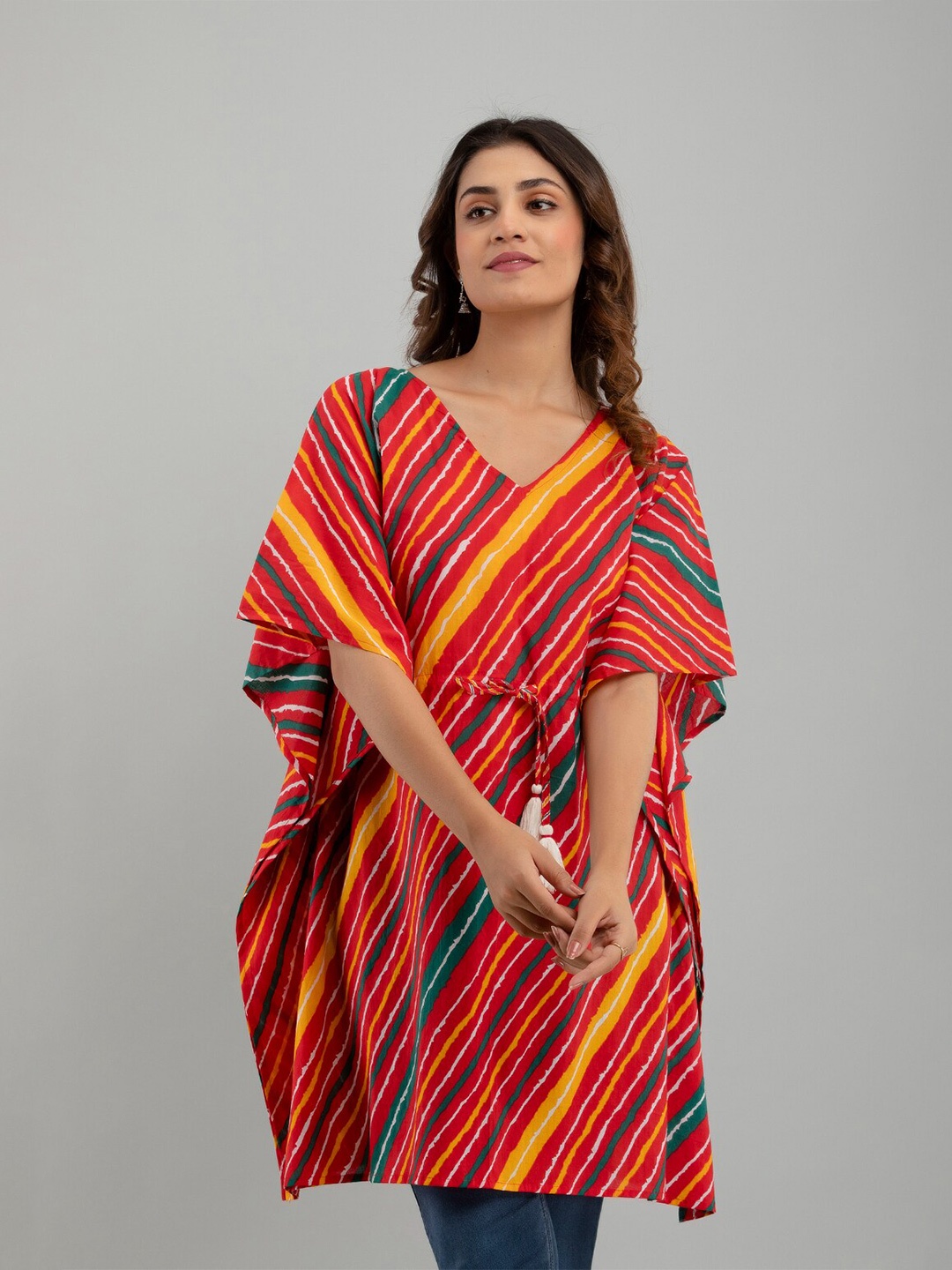 

FrionKandy Multicoloured Striped Kimono Sleeve Cotton Kaftan Longline Top, Multi