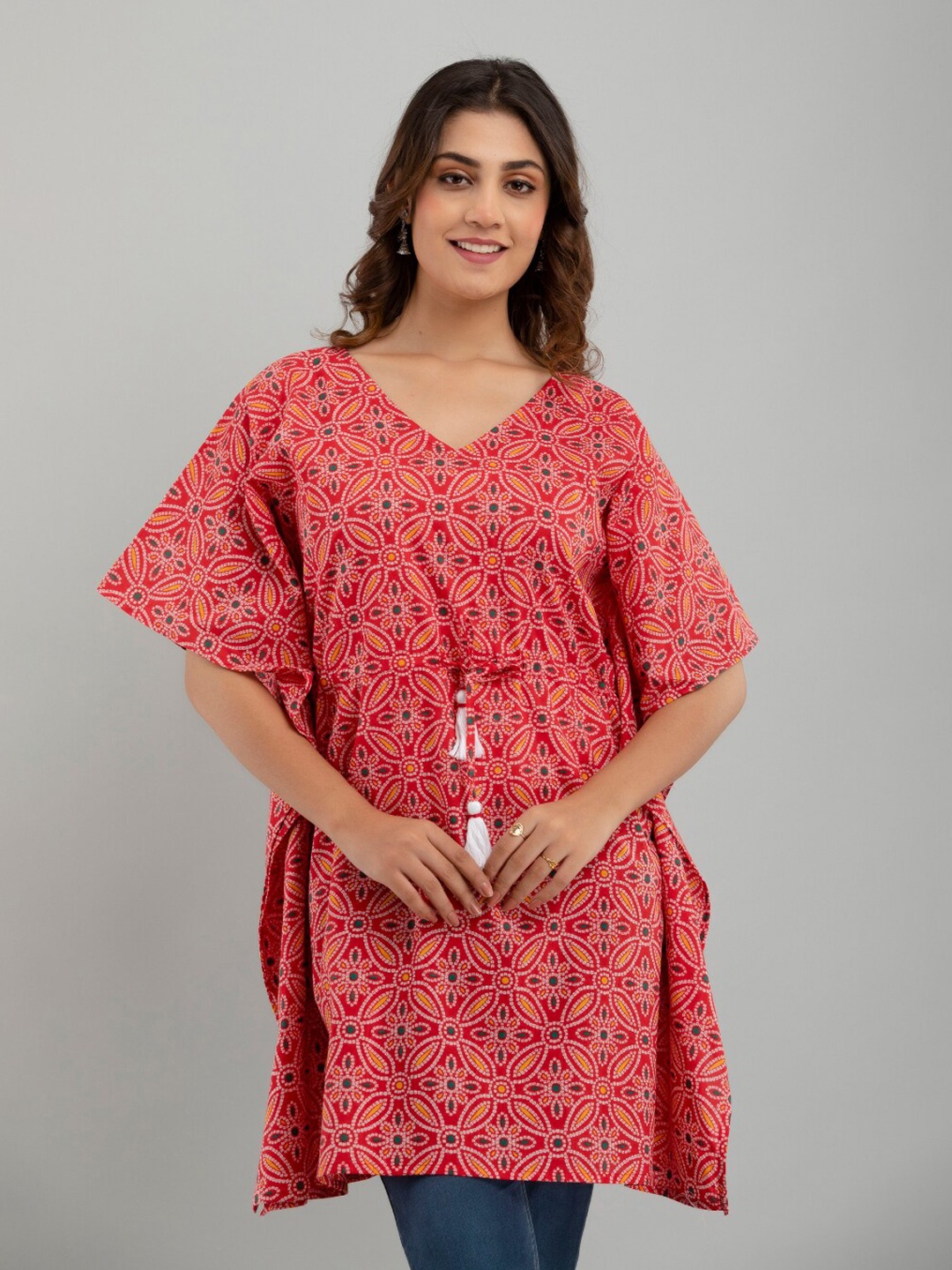 

FrionKandy Red Floral Print Flared Sleeve Cotton Kaftan Longline Top