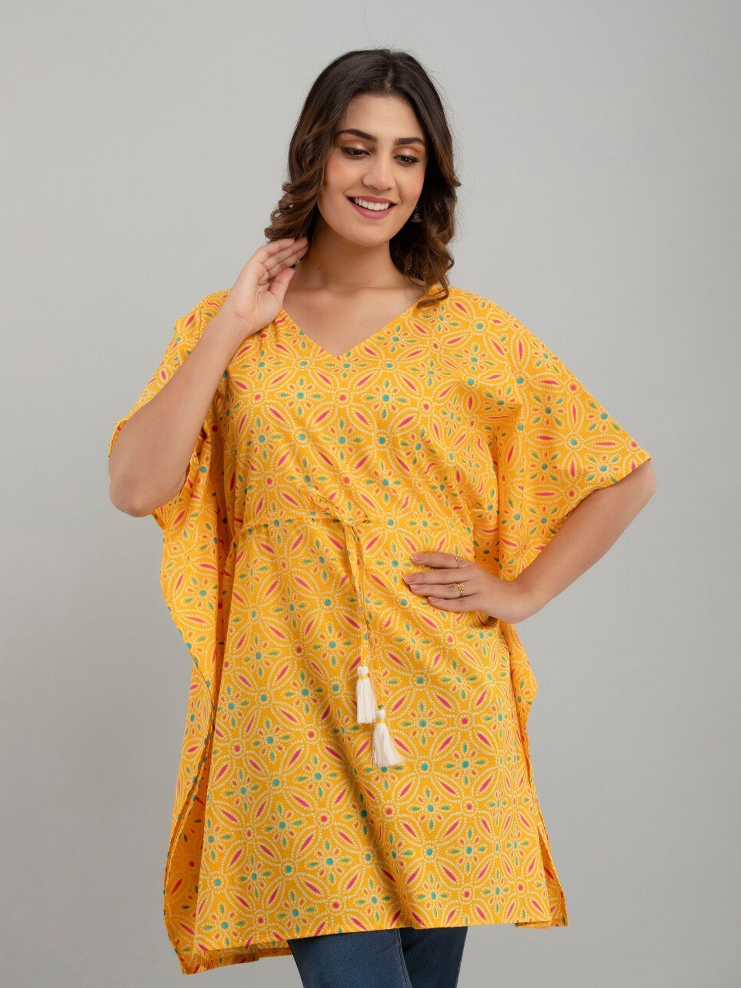 

FrionKandy Yellow Floral Print Extended Sleeves Cotton Kaftan Longline Top