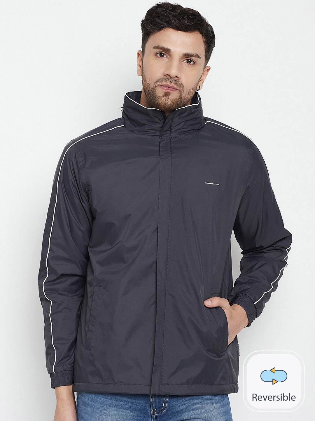 

Okane Men Navy Blue Colourblocked Reversible Tailored Jacket