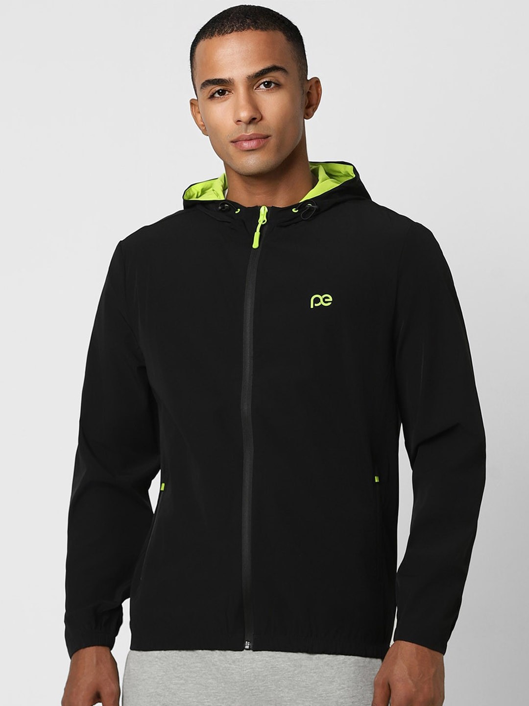 

Peter England Casuals Men Black Crop Sporty Jacket with Embroidered