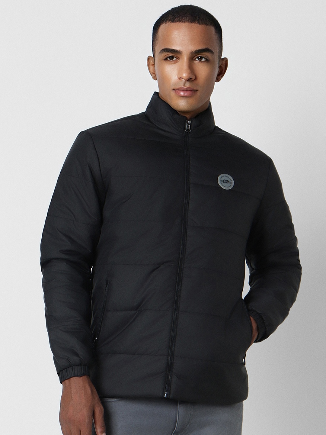 

Peter England Casuals Men Black Quilted Jacket with Patchwork