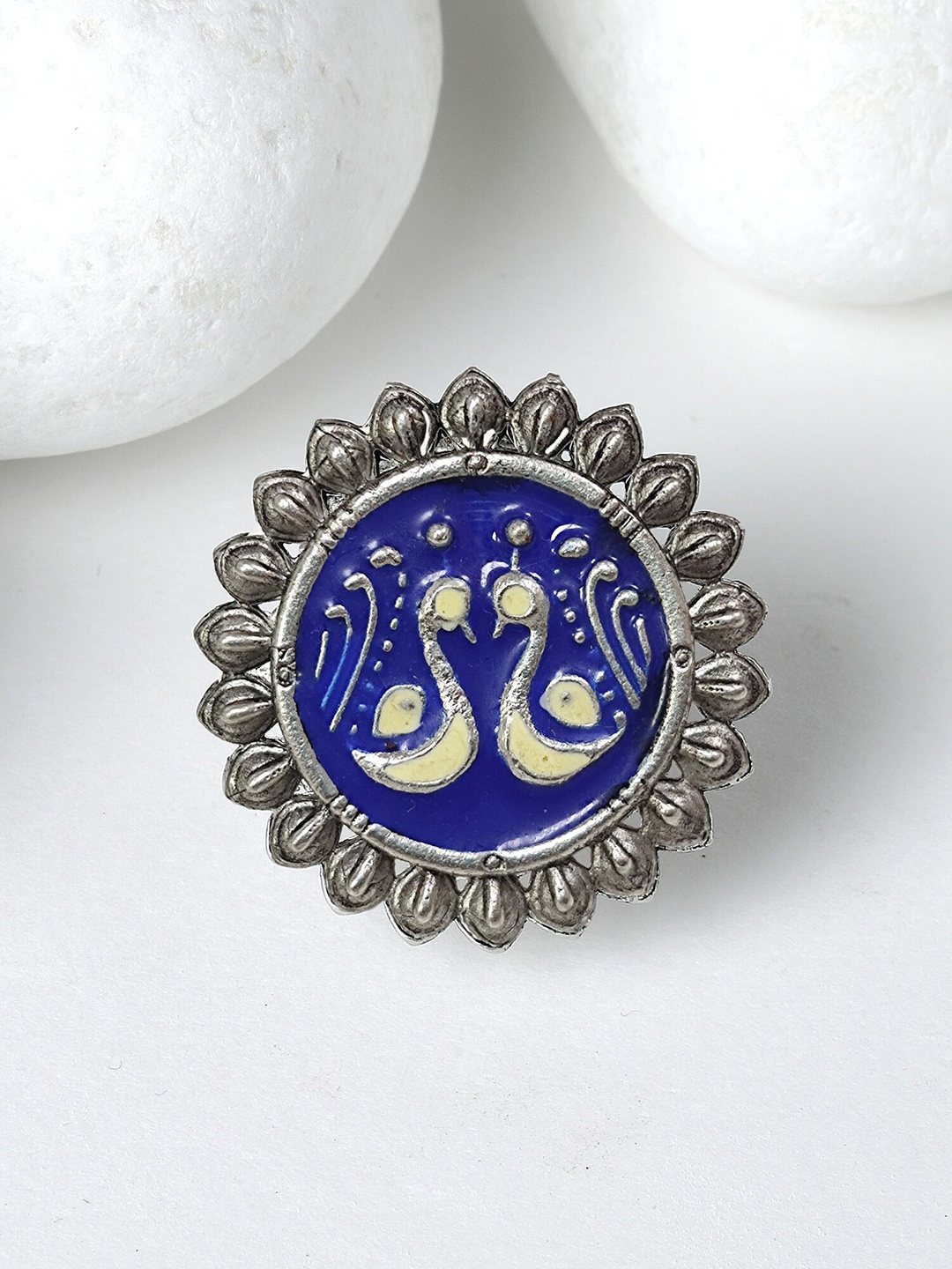 

KARATCART Oxidised Silver-plated Peacock Designed Meenakari Finger Ring