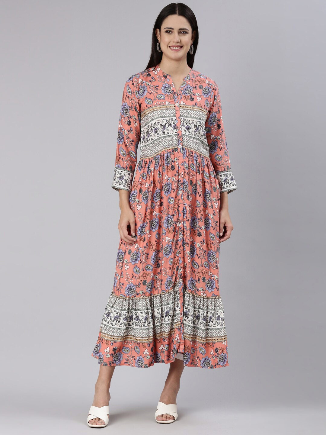 

Neerus Coral Floral Print A-Line Midi Dress