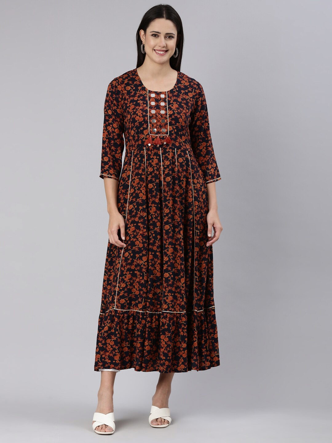 

Neerus Navy Blue Floral Print Maxi Midi Dress