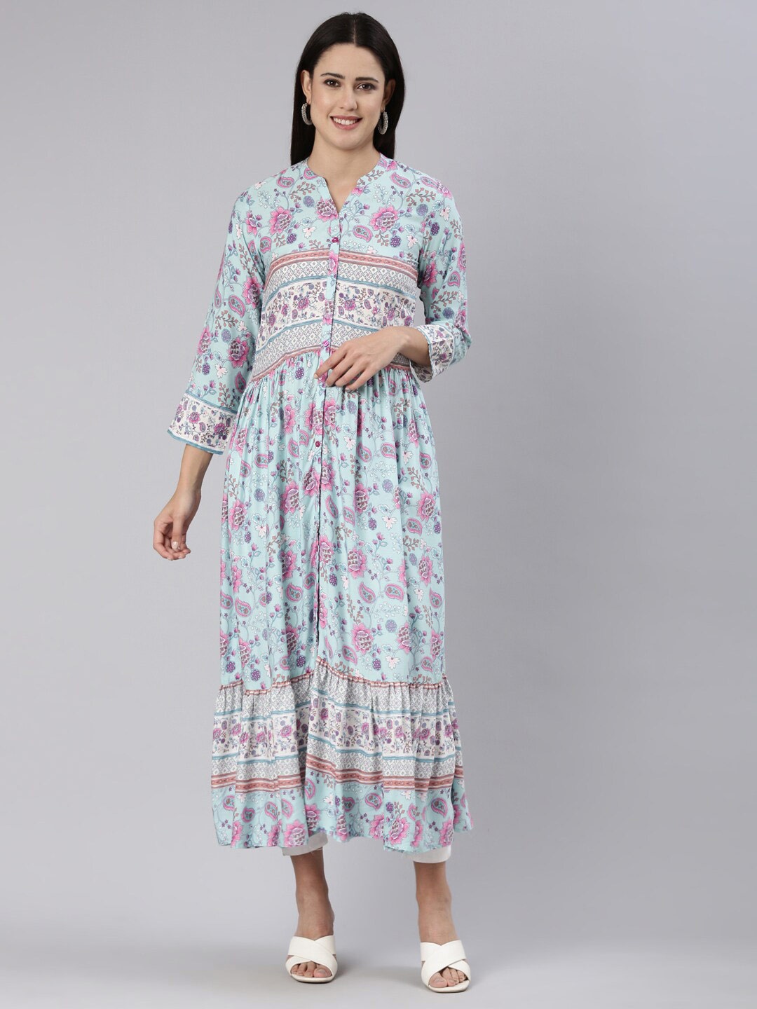 

Neerus Blue Floral Print A-Line Midi Dress