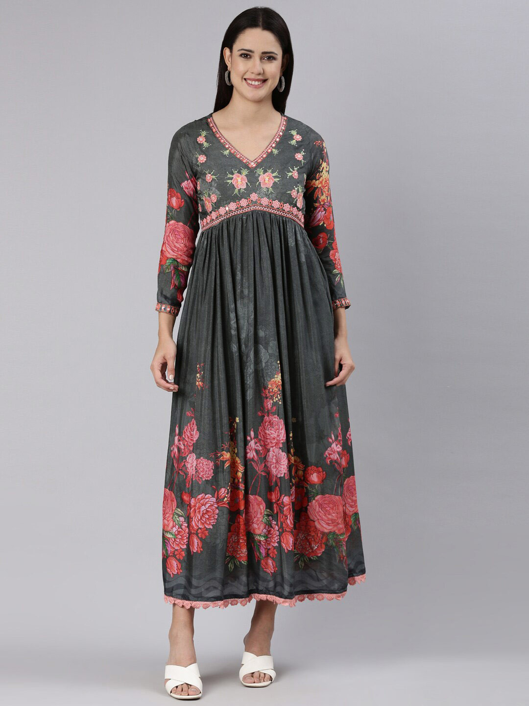 

Neerus Grey Floral Print Empire Midi Dress