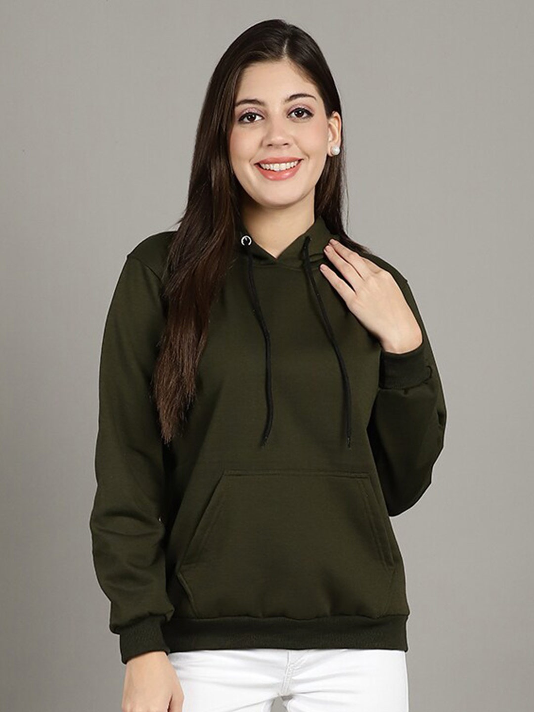 

GRACIT Women Olive Green Hooded Sweatshirt