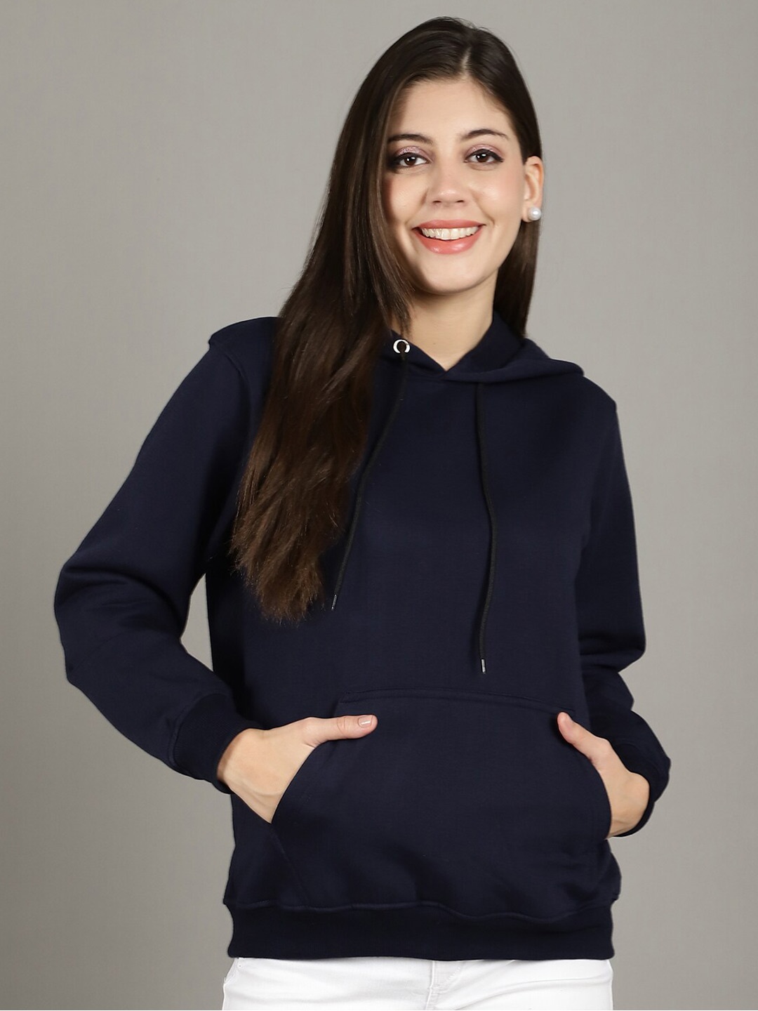 

GRACIT Women Navy Blue Hooded Sweatshirt