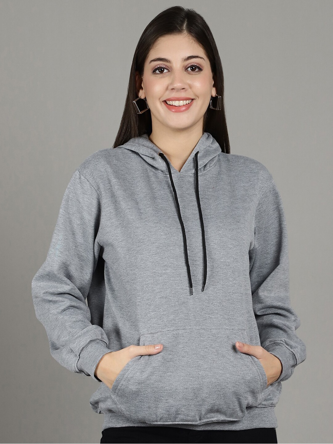 

GRACIT Women Grey Melange Hooded Sweatshirt