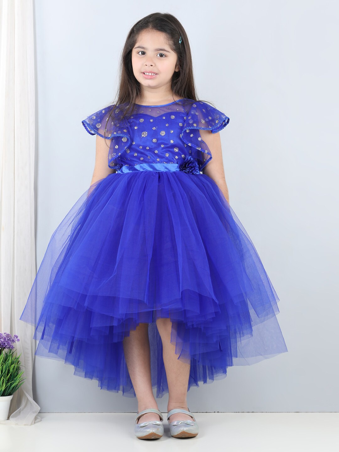 

Toy Balloon kids Blue Flutter Sleeve Net Fit & Flare Midi Dress
