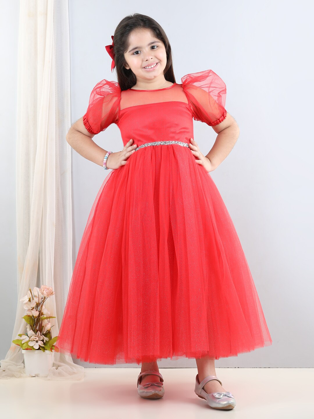 

Toy Balloon kids Red Flutter Sleeve Net Fit & Flare Maxi Dress