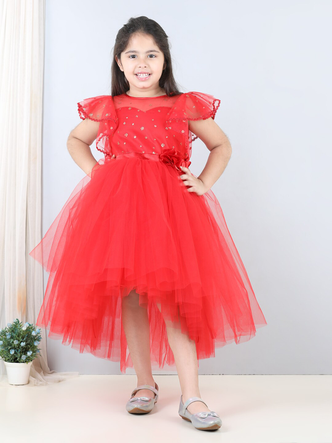 

Toy Balloon kids Red Embellished Flutter Sleeve Net Fit & Flare Midi Dress