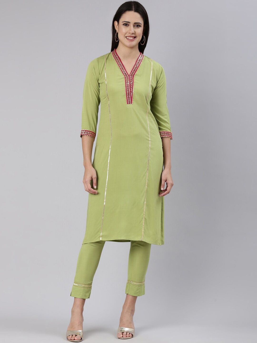 

Neerus Gotta Patti Detail Straight Regular Kurta with Trousers, Green