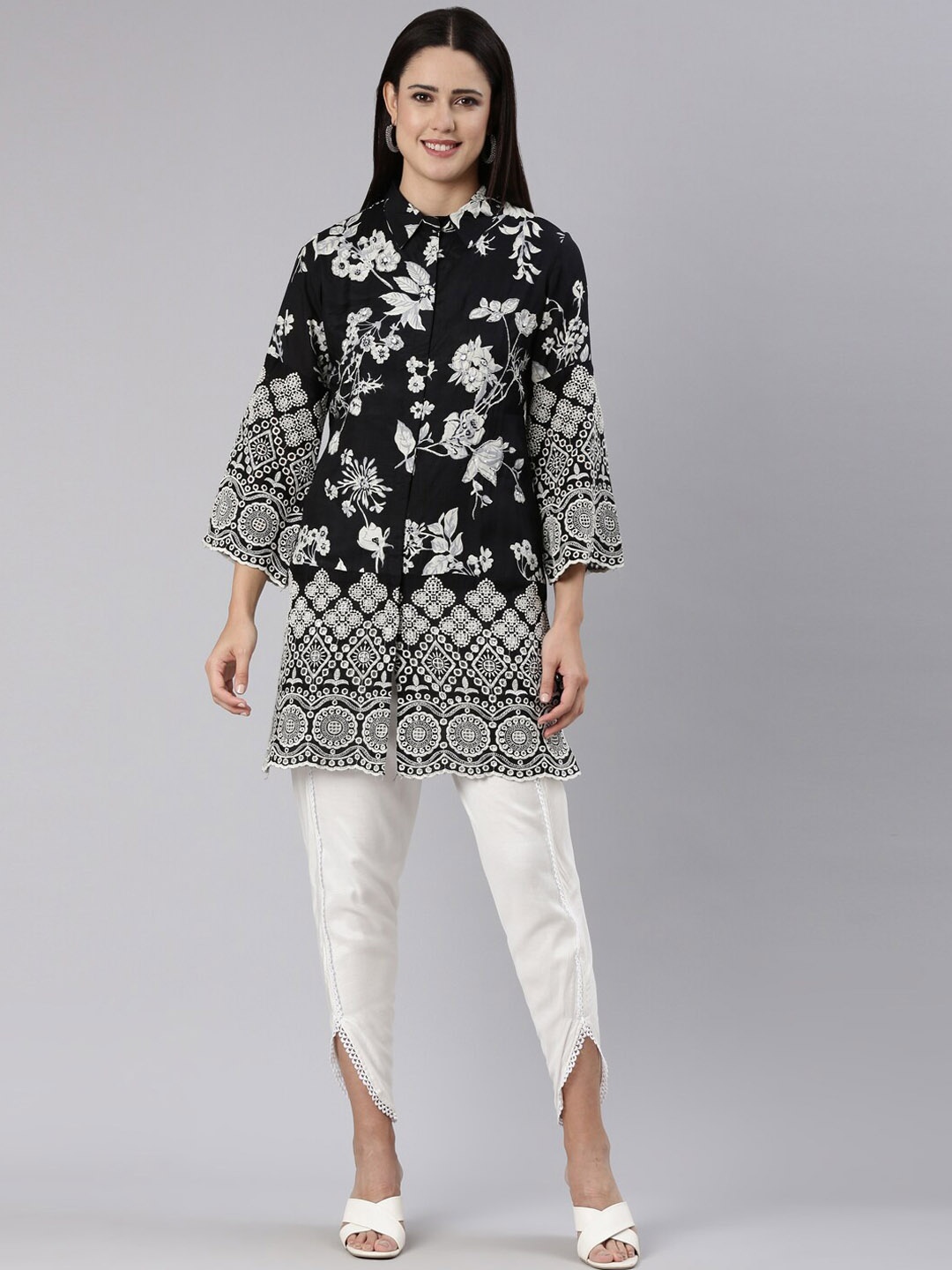 

Neerus Floral Printed Band Collar Thread Work Straight Kurti with Trousers, Black