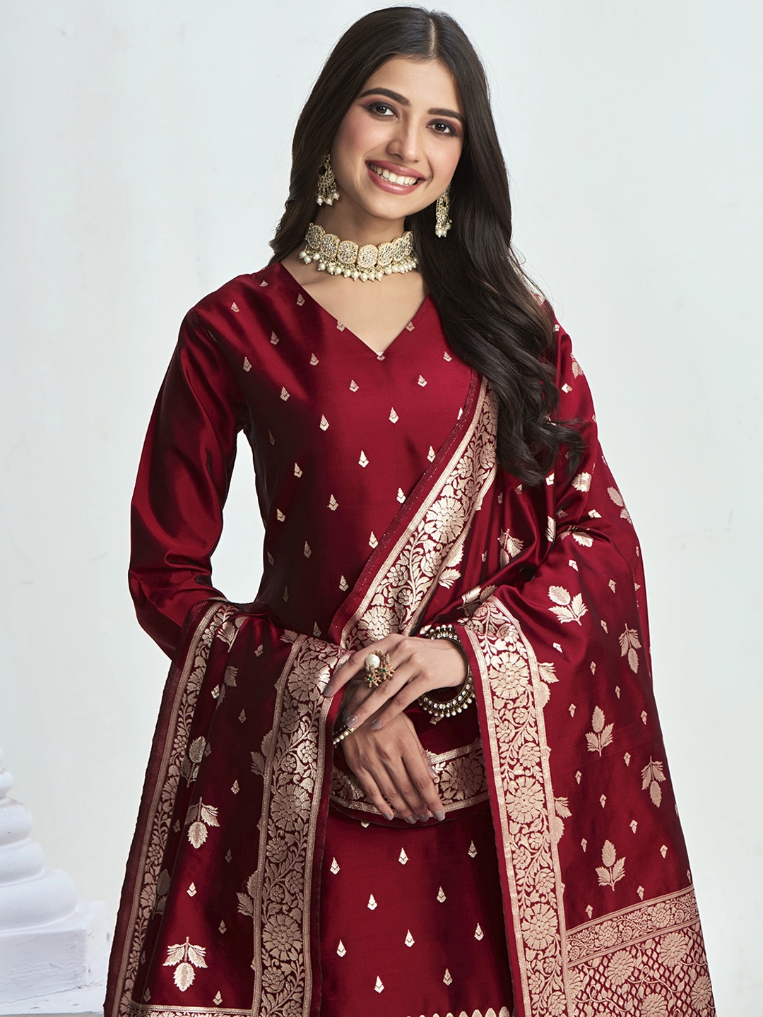 

Sangria Woven Design Straight Kurta Set, Maroon