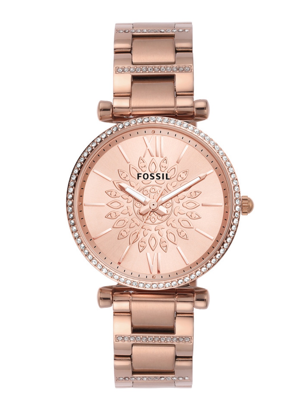 

Fossil Women Rose Gold-Toned Embellished Dial & Stainless Steel Bracelet Style Straps Analogue Watch ES5317