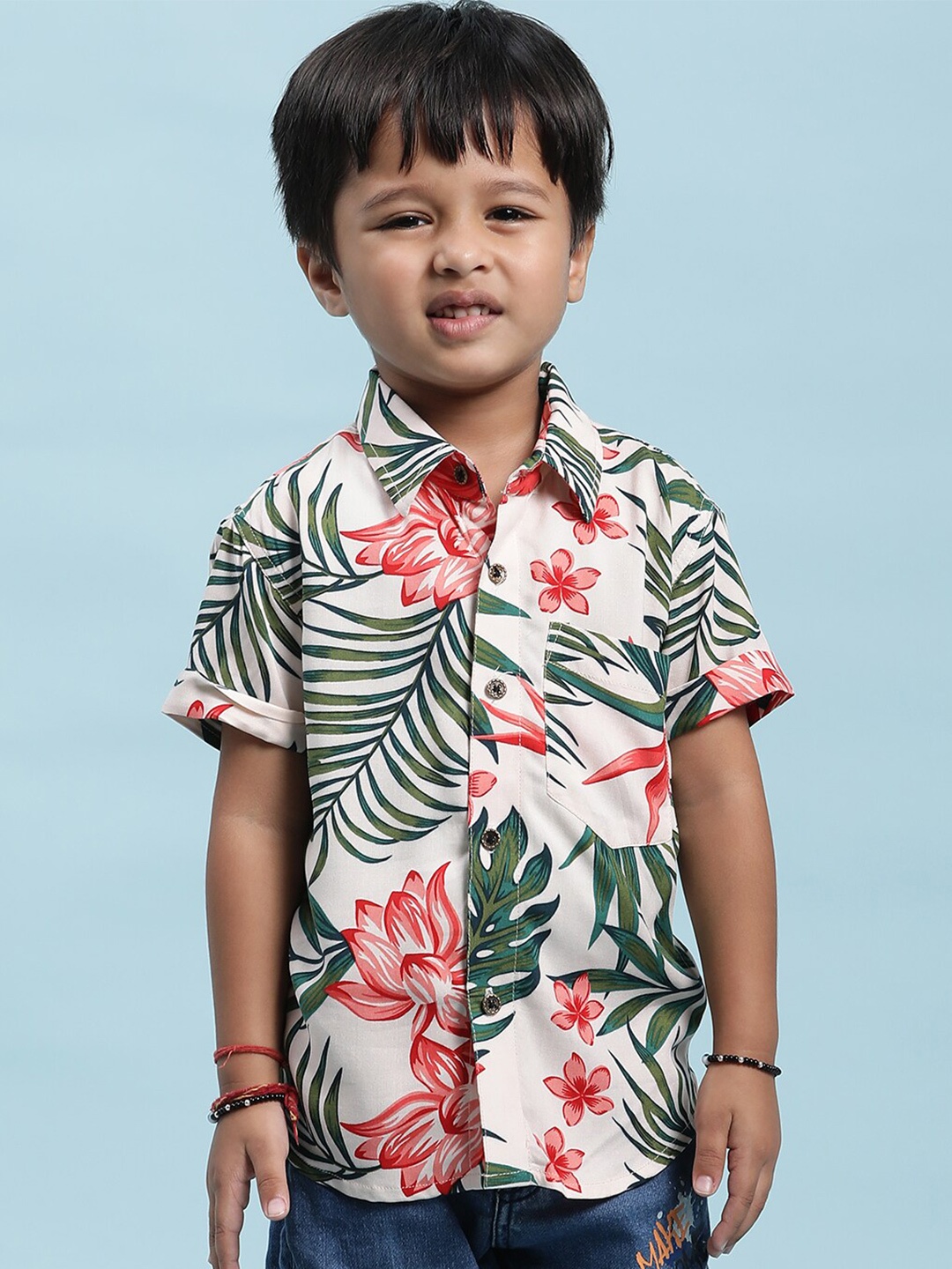 

Stuffie Land Boys White Smart Floral Opaque Printed Party Shirt