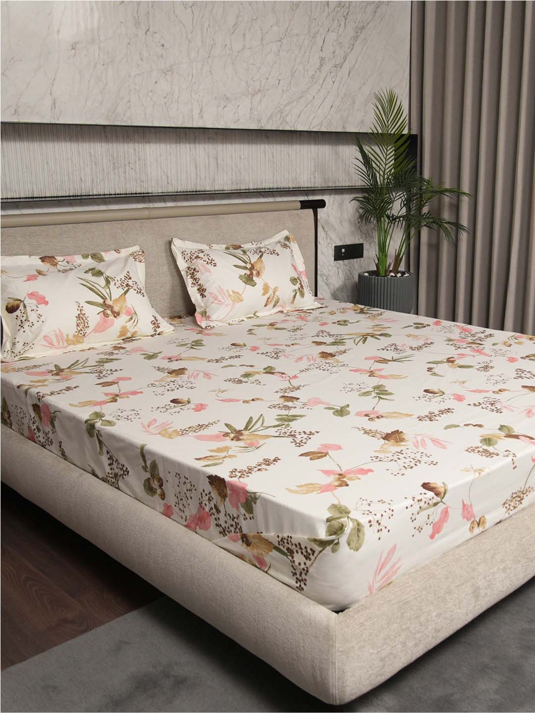 

URBAN SPACE Cherry Blossom Printed Cotton 200 TC King Bedsheet with 2 Pillow Covers, White